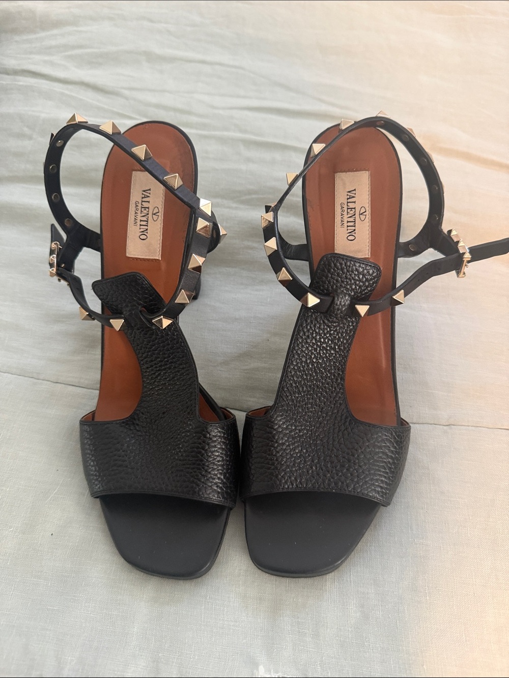 Valentino Black Pebbled Leather Rockstud Ankle-Strap Sandals